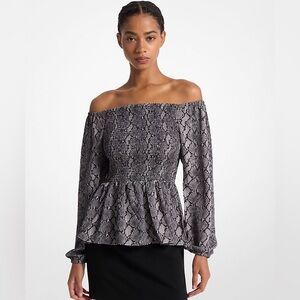 Michael Kors Gray Off-Shoulder Smocked Snakeskin Peplum Blouse